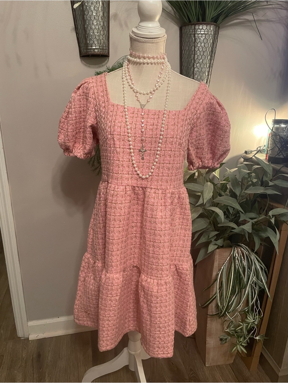 Simply Southern Pink Tweed Puff-Sleeve Tiered Dress